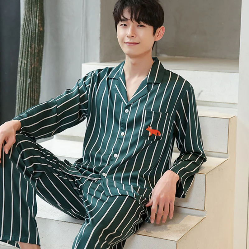 

New Stripe Stain Silk Pajama Sets Mens Pajamas Lounge Wear Sleepwear Modern Style Nightgown Home Male Soft Cozy Sleeping Pyjamas