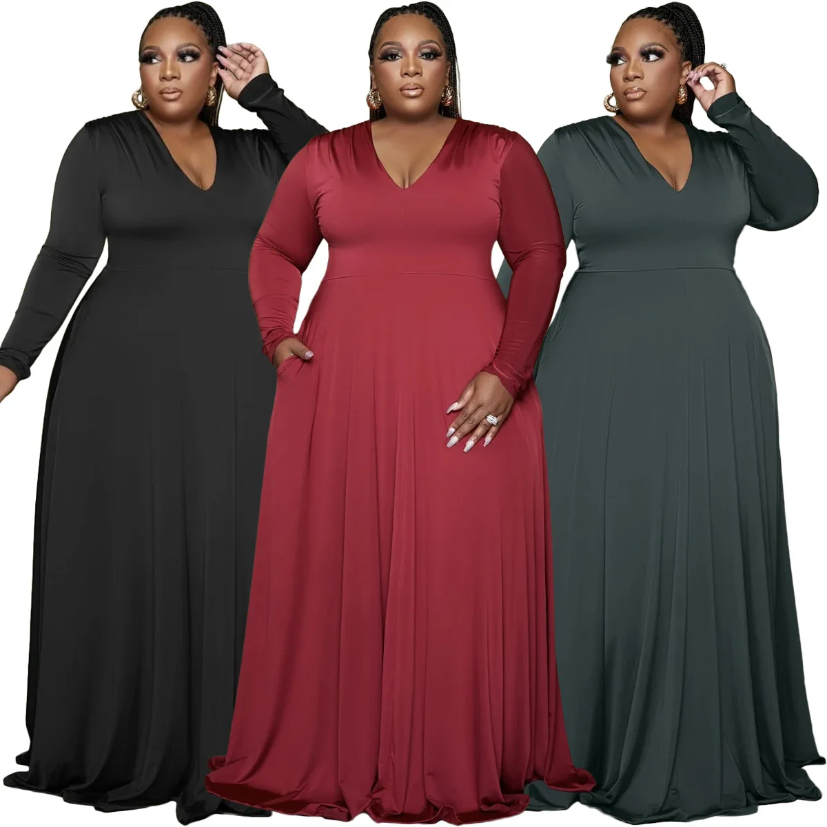 

2021 Fashion Women's Solid Color Large Size V-neck Long-sleeved Large Skirt Loose Dress Womens Dresses New Arrival 2021 Winter