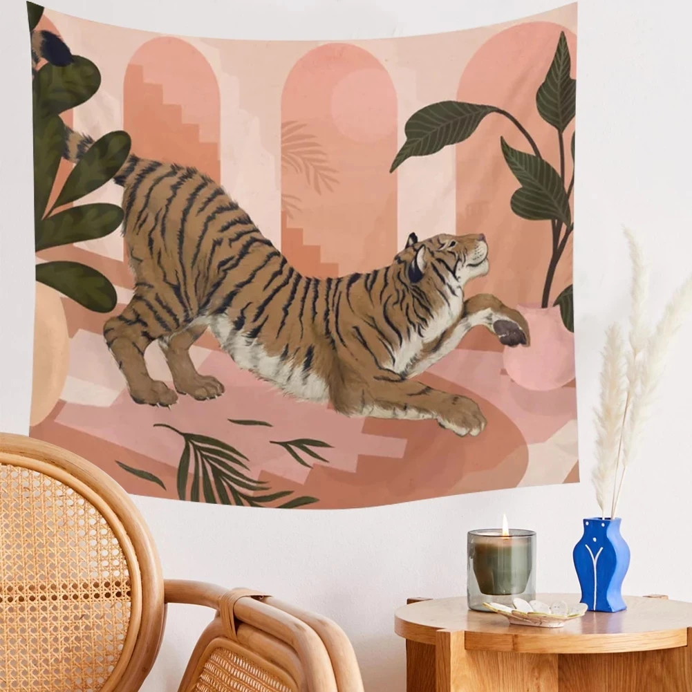 

Pink Tiger Tapestry Ainmal Plant Cartoon Dorm Room INS Painted Tapestry Wall Hanging Boho Decor Wall Cloth Tapestry Jungle Tiger