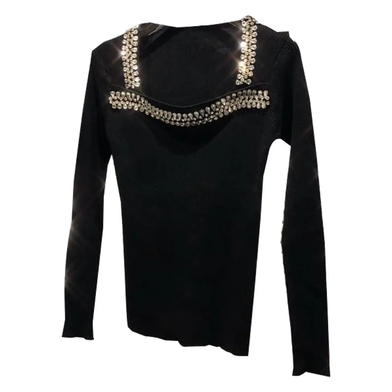 

High Quality New Women Short Slim Diamonds Slash Neck Casual Long Sleeve T-shirt Office Lady Sexy Stretch Knitted Pullover Shirt