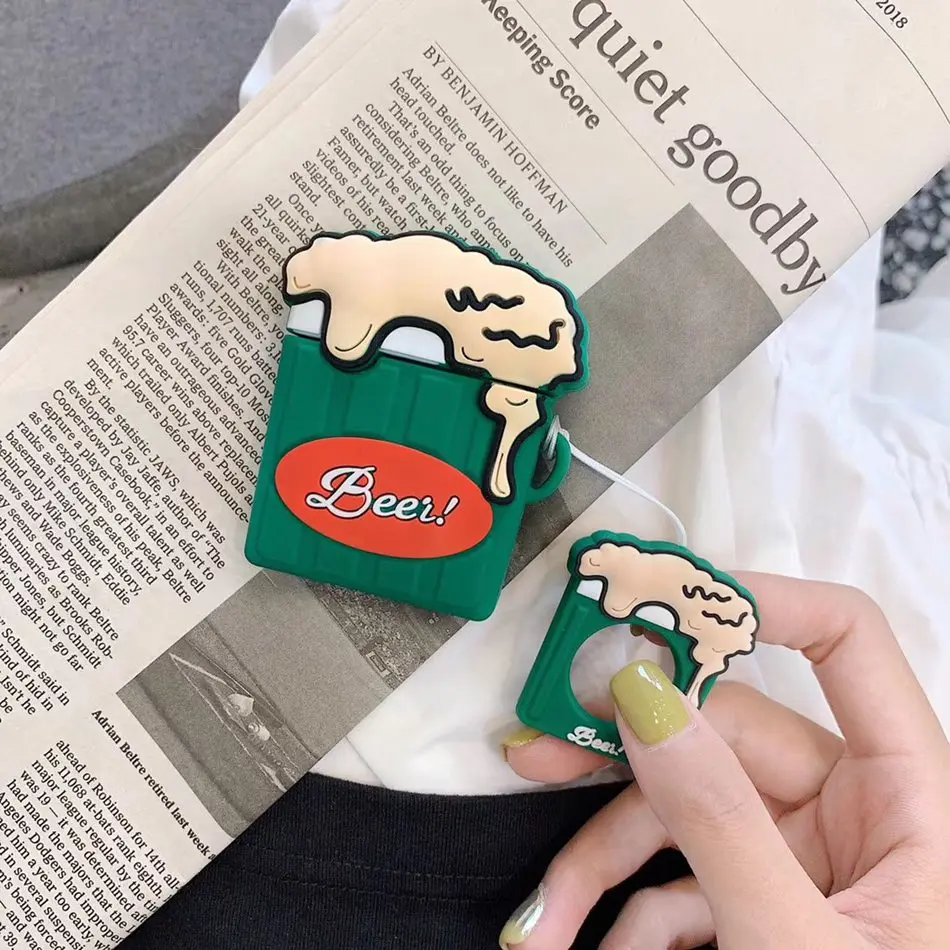 Beer Green Чехол для AirPods с объемным рисунком еды, чехол для наушников для Apple Airpods 2 Kawaii, забавные аксессуары, защитный чехол с кольцом на палец - Цвет: Beer Green