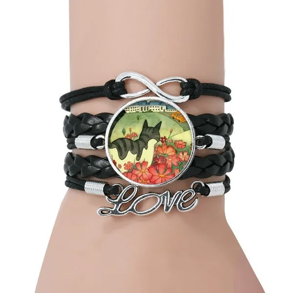 Miaoji Картина акварелью Кот Цветы город браслет любовь черный витой кожаный