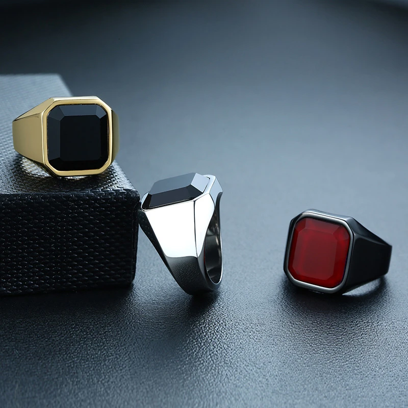 

Red Stone Men's Square Signet Ring Black Stainless Stele Pinky Jewery