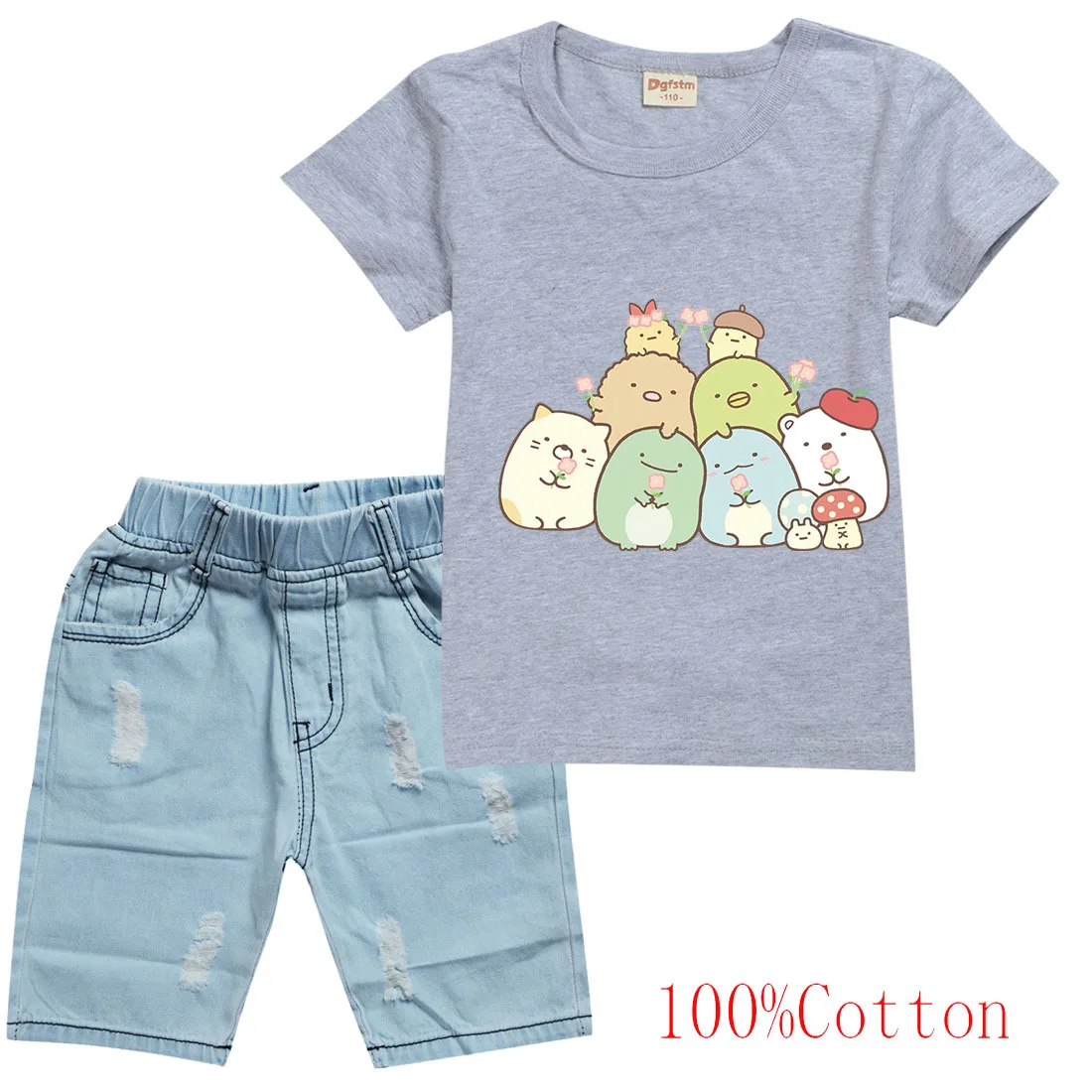 

Kids Cartoon Sumikkogurashi Clothes Sets Baby Boys Summer Tracksuit Girls Short Sleeved T Shirt +denim 2pcs Sets Children Outfit
