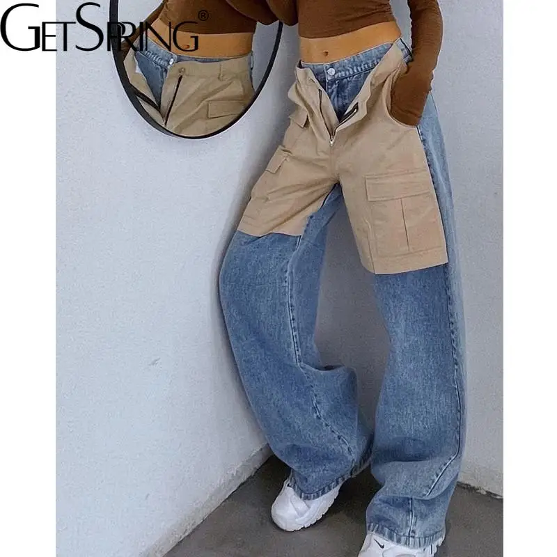 

GetSpring женские джинсы пэчворк имитация двух джинсов широкие брюки с высокой талией Свободные повседневные длинные джинсовые брюки осень 2021 ...