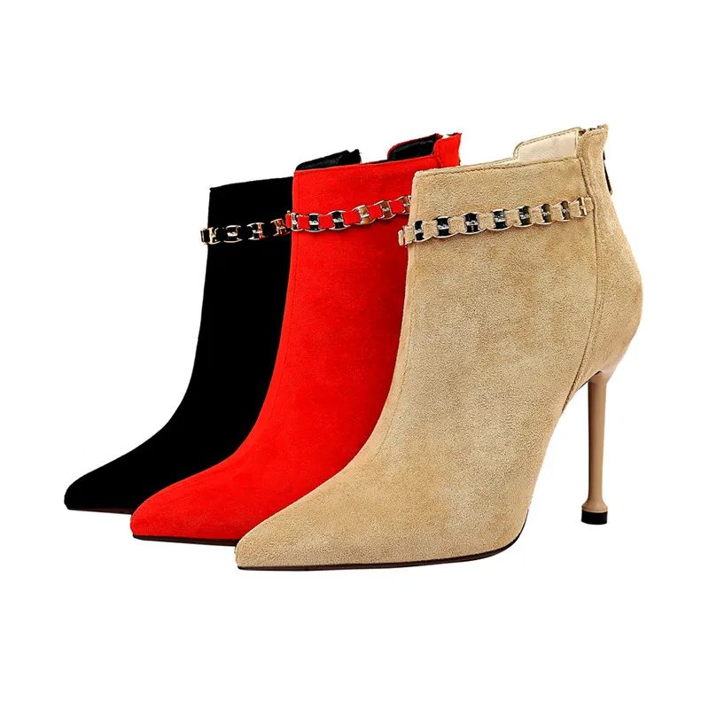 

Hjwsfdcai Metal Decor Fashion Women Short Boots Suede High Heel Sexy Ladies Nightclub Party Shoes Pointed Toe Mujer Ankle Shoes