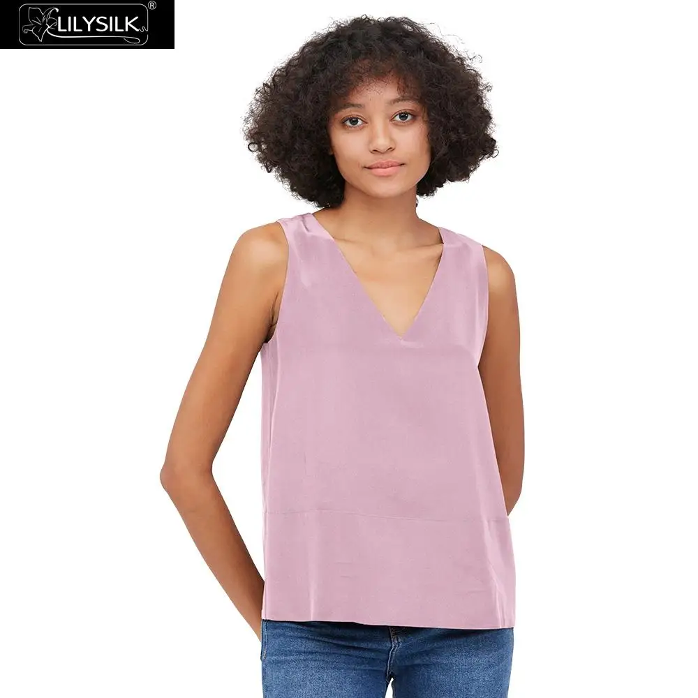 Pale-Lilac LilySilk шелковые кофточки с v-образным вырезом без рукавов женские новые - Цвет: Pale-Lilac