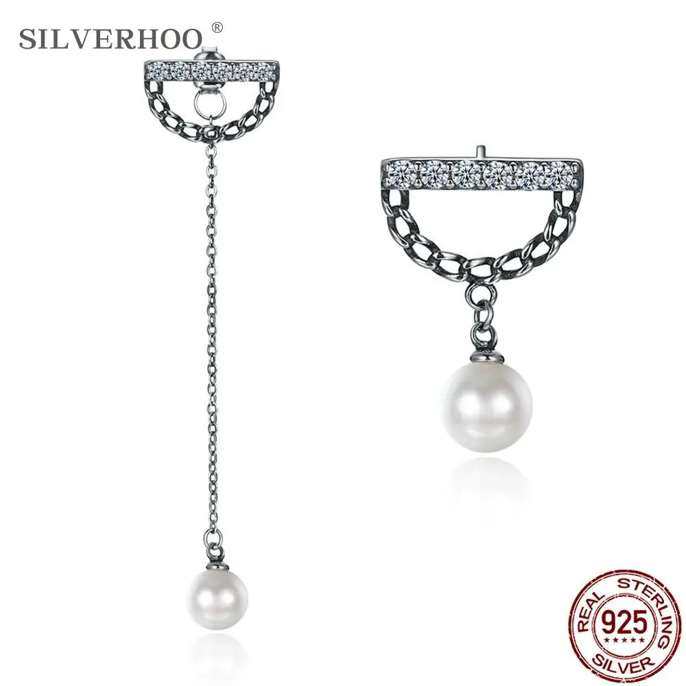 

SILVERHOO 925 Sterling Silver Vintage Drop Earrings Shell Pearl And Cubic Zirconia Geometric Female Earring Anniversary Jewelry