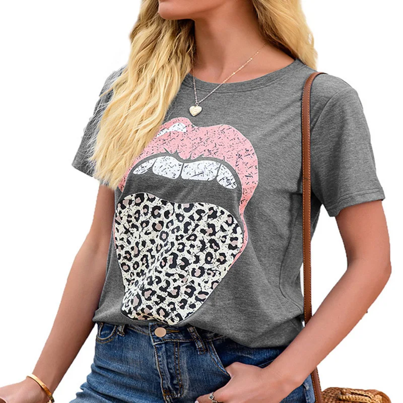 

Summer New Short Sleeve Top Leopard Print Mouth Women's Casual Fashion Round Neck Loose T Shirt Camiseta De Manga Corta