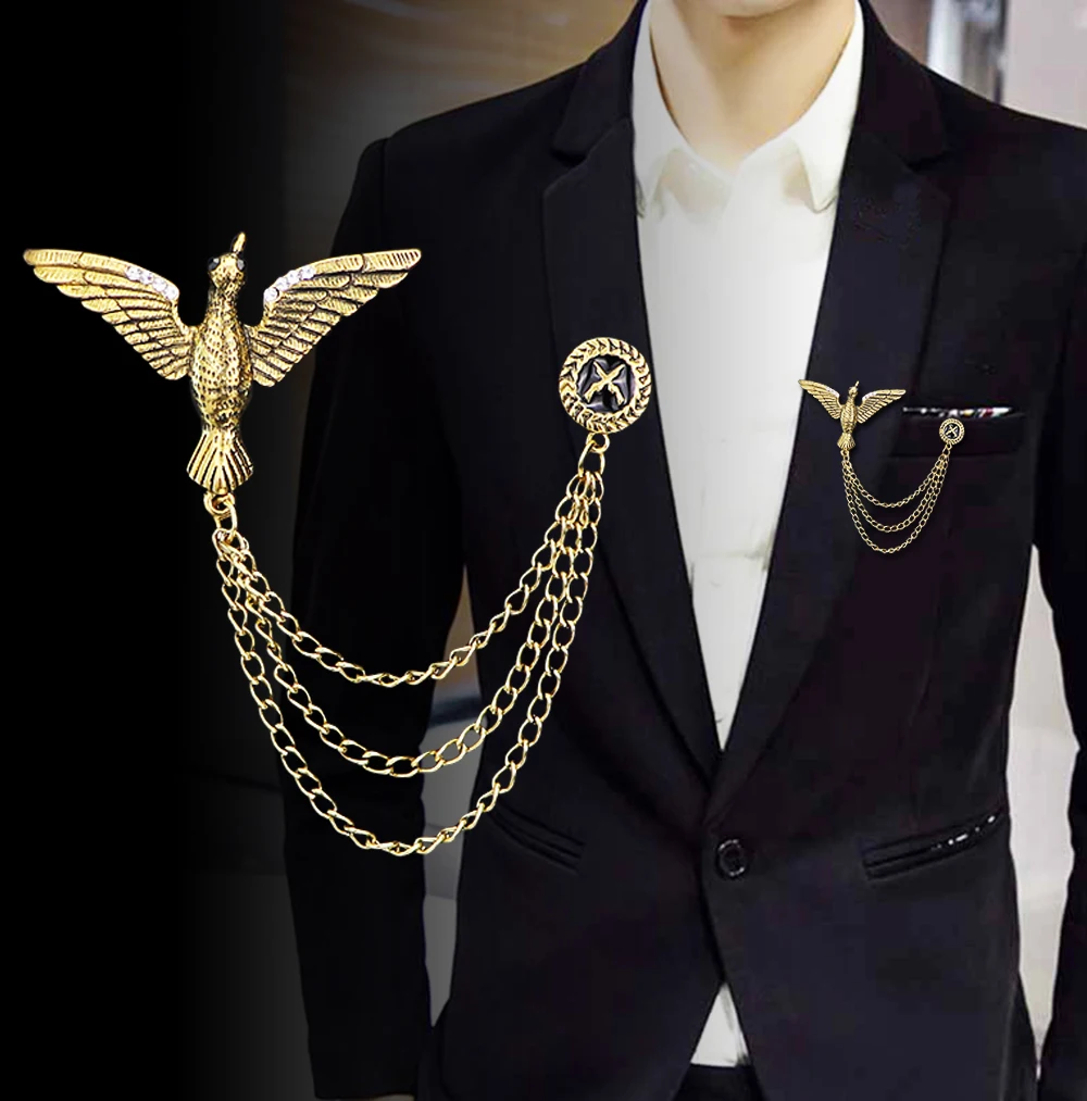 i-Remiel Retro Tassel Chain Bird Brooch for Men's Suit Seagull Eagle Angle Wing Pins and Brooches Shirt Collar Accessories