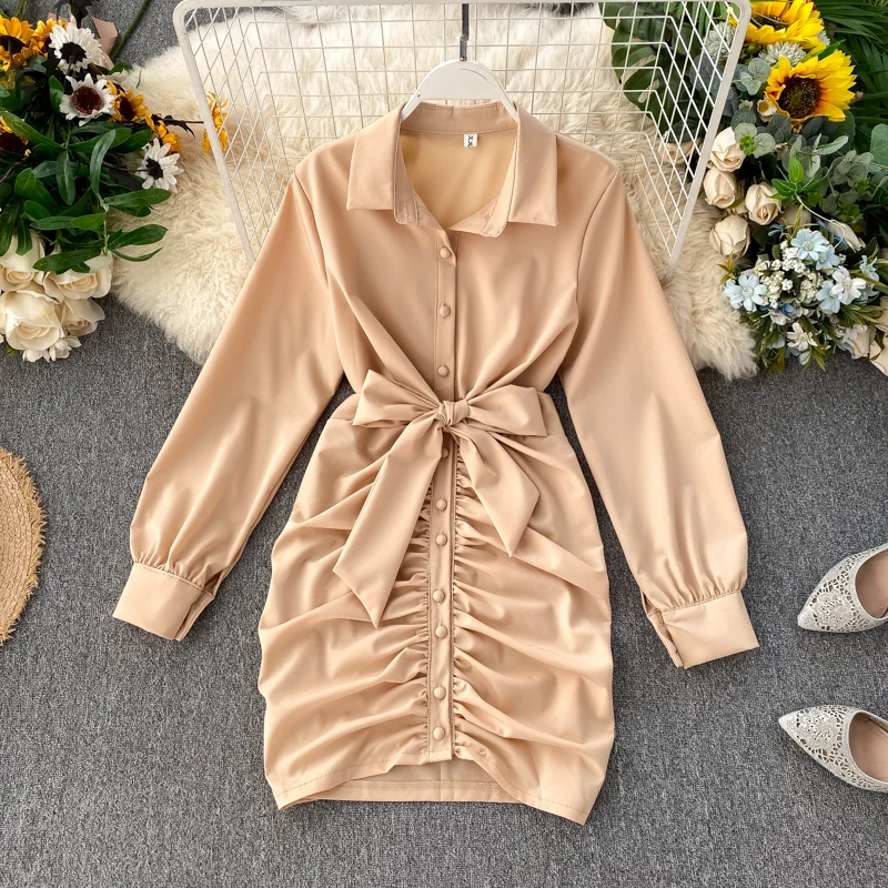 MUMUZI рубашка женская дизайн тонкая талия плиссированные платья Сексуальная сумка