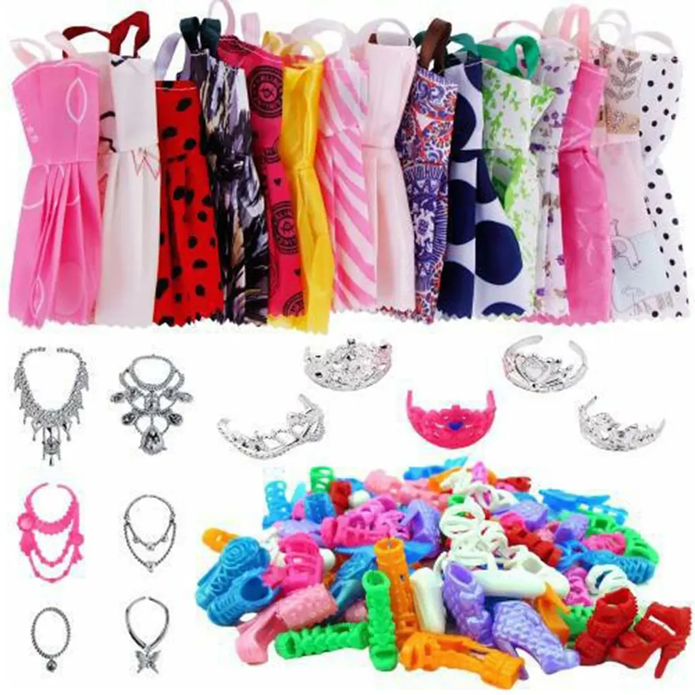 

35 Item/Set Doll Accessories=12 Pcs Doll Clothes Dress+5 Crown +6 Plastic Necklace+12 Pairs Shoes for Barbie doll