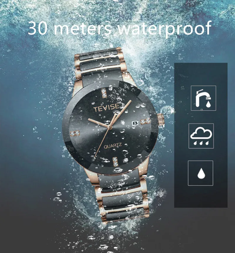 TEVISE кварцевые мужские часы модные черные повседневные календарь Авто наручные с