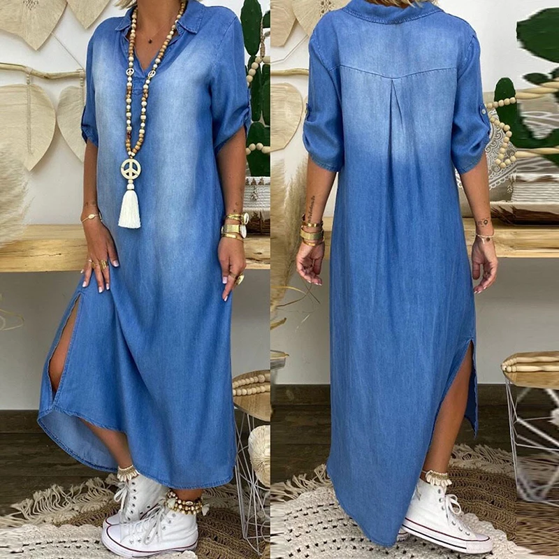 

Fashion Korean Denim Dress For Women Summer Plus Size Dress 2021 Lapel Split Sexy Long Maxi Jeans Dress 3XL Vestidos