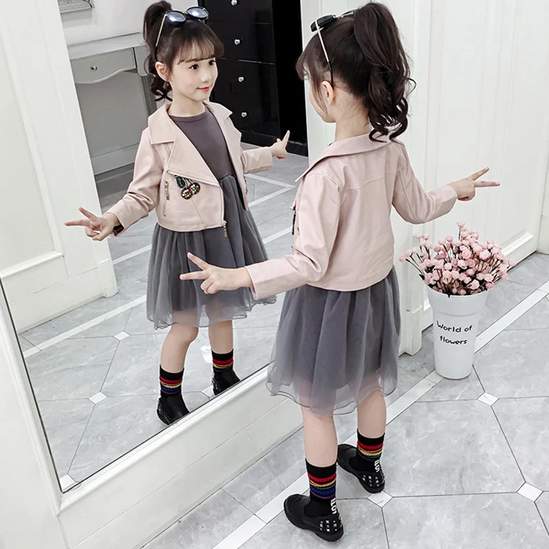 Весенне-осенний комплект одежды для девочек шорты кожаное пальто + платье