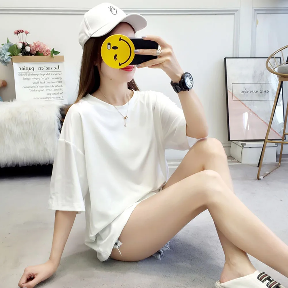 

Korean Version Japanese T-Shirt Spring Summer Fashion Temperament Loose Casual Solid Color Simple Round Neck Summer 2021