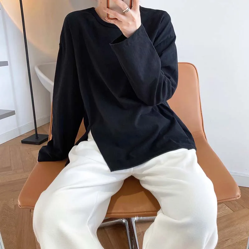 

Vintage Split T Shirt Women 2021 Spring Casual Fashion New Style Fluorescent Green O Neck Full Sleeve Pullover Loose Tee