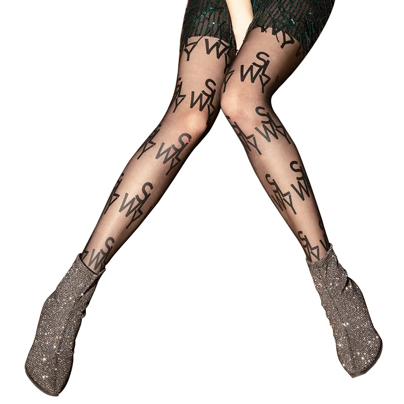 

Women Black English Letters Tights Ultra-thin Sexy Party Club Fashion Letter Classic Silk Tights Plus Size Pantyhose Women