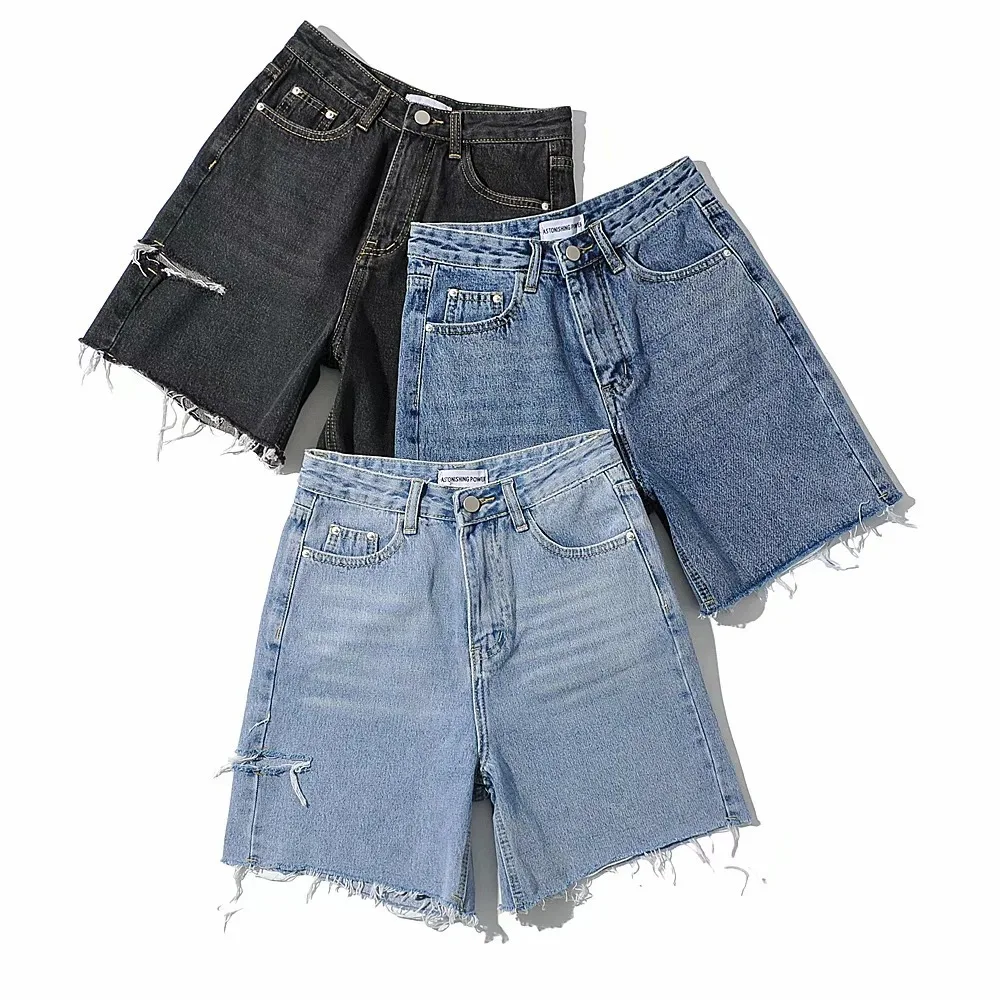 

Trendy Ins Shorts Women's 2021 Summer Loose High Waist Slimming Straight Ripped Wide Leg Fifth Jeans