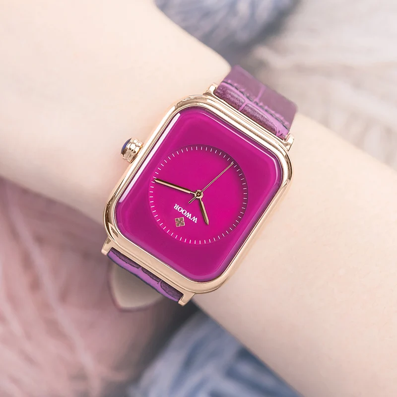 WWOOR Purple Watch For Women Quartz Rectangle Watch Luxury Ladies Dress Wristwatch Leather Casual Female Clock Relogio Feminino