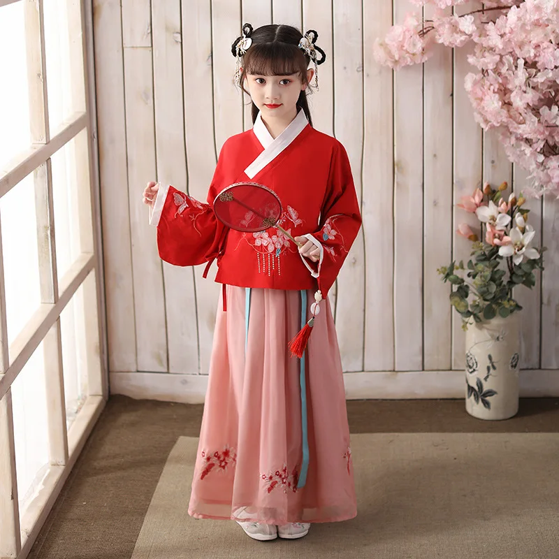 

Embroidery Kids Tang Suit Performance Girls Chinese Folk Dance Costumes Oriental Chinese Style Retro Hanfu Dress