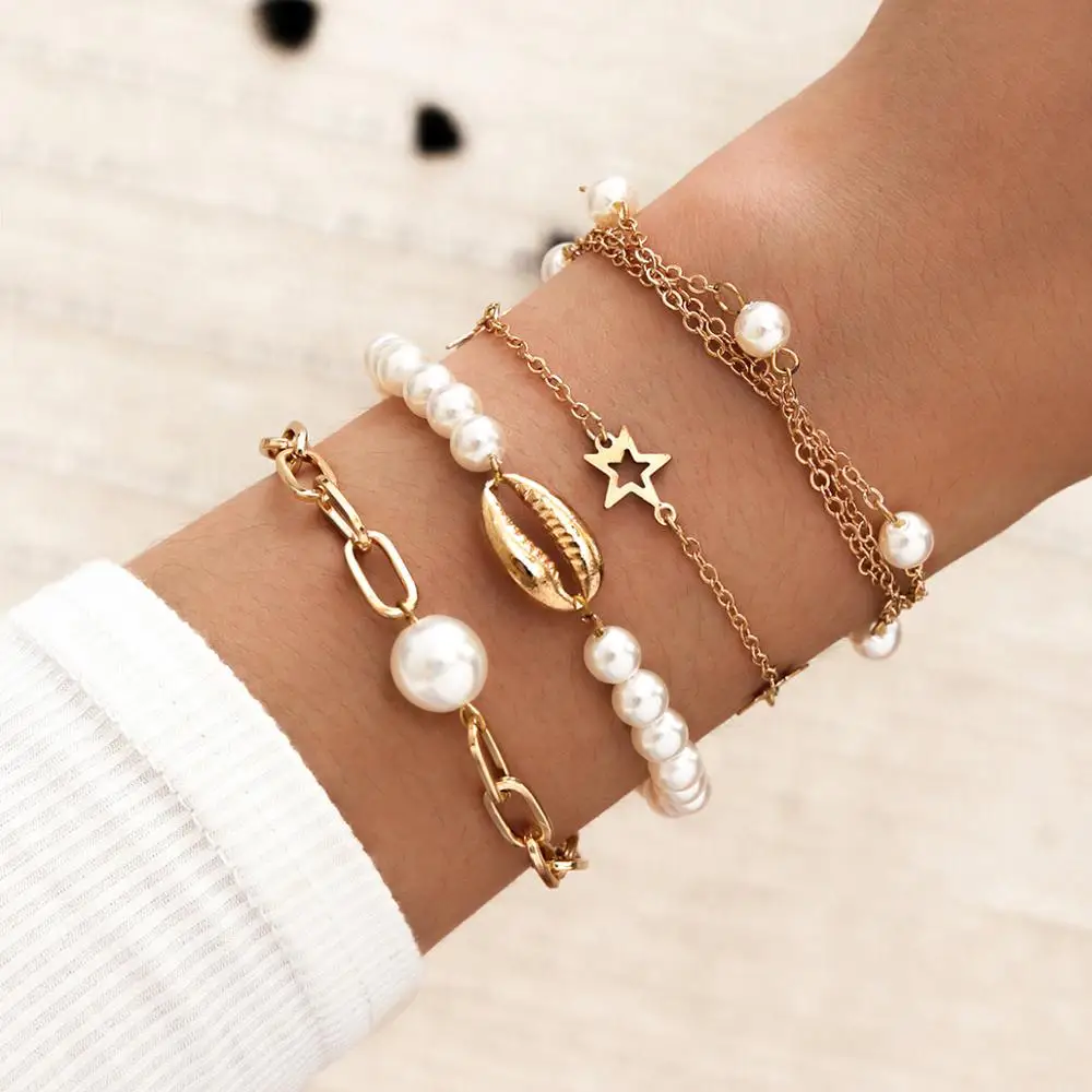 

Combination Bracelet Trendy Gold Imitation Pearls Shell Star Bangle Girlfriend Lovers Jewelry Accessories for Female Office Lady