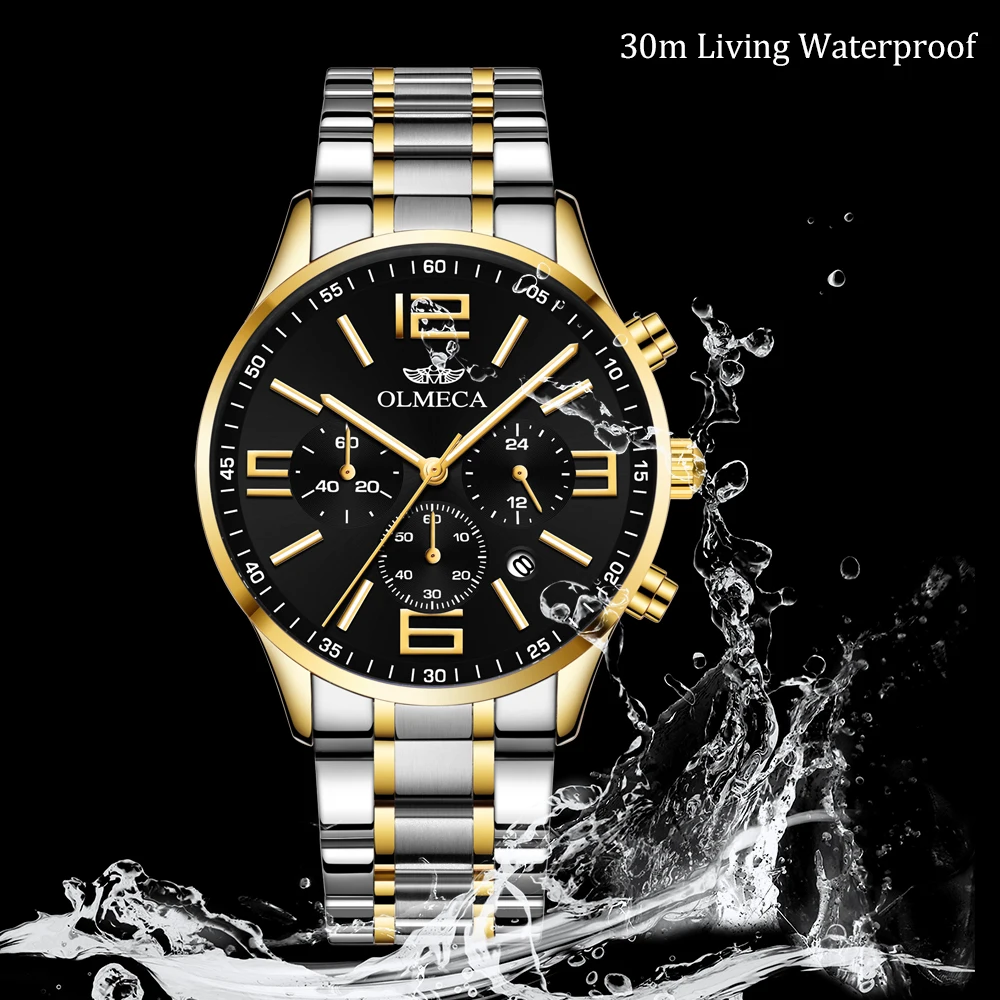

OLMECA Men's Watch Luminous Chronograph Waterproof Fashion Auto Date Dress Luxury Quartz Wrist Watches relogio masculino
