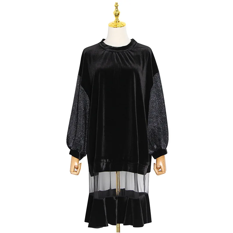 

Vogue of new fund of 2021 spring new female temperament velvet splicing nets veil loose long dress