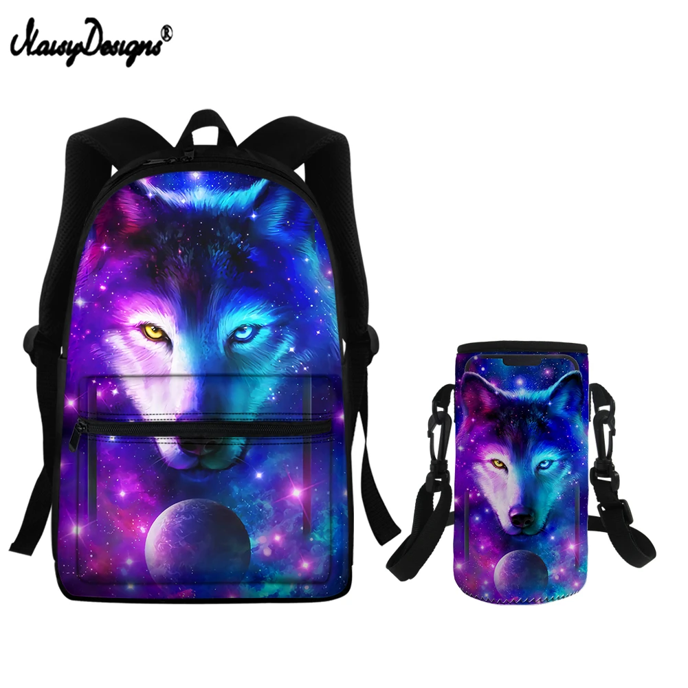 

NOISYDESIGNS Cool Animal Wolf Printing School Bag Satchel 2Pcs Set Casual Backpack and Kettle Bag for Teen Boys Girls Campus Bag