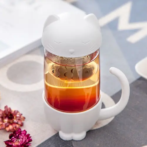 Милый кот собака Стекло чашки Чай кружка с рыбой Infuser Фильтр замачивания фильтр