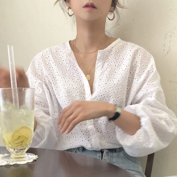 Весеннее отверстие свободный верхний воротник Пышный рукав прозрачный Rac |