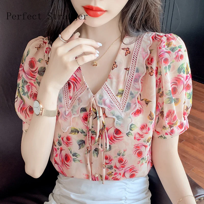 

2021 LeisureWomens Tops and Blouses Short Sleeve Shirts Women Peter Pan Collar Chiffon Women's Blouse Vintage Top Female