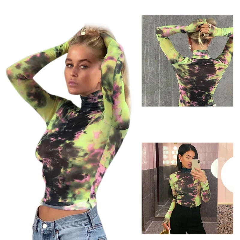 

Tie Dye Print High Neck Long Sleeve Crop Tops Autumn Winter Women Streetwear Outfits T-shirts