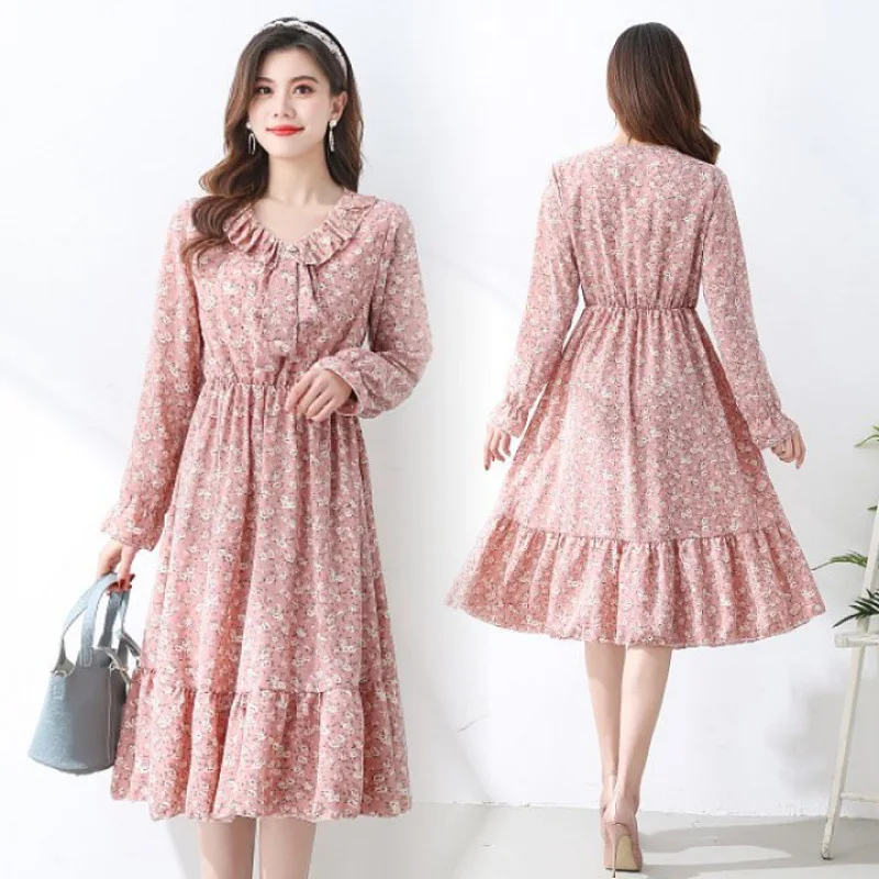 

Spring French Chic Long Flower Print Dress Women Sexy Party Dresses Bohemian Flare Sleeve V-Neck Chiffon Plus Size Dress