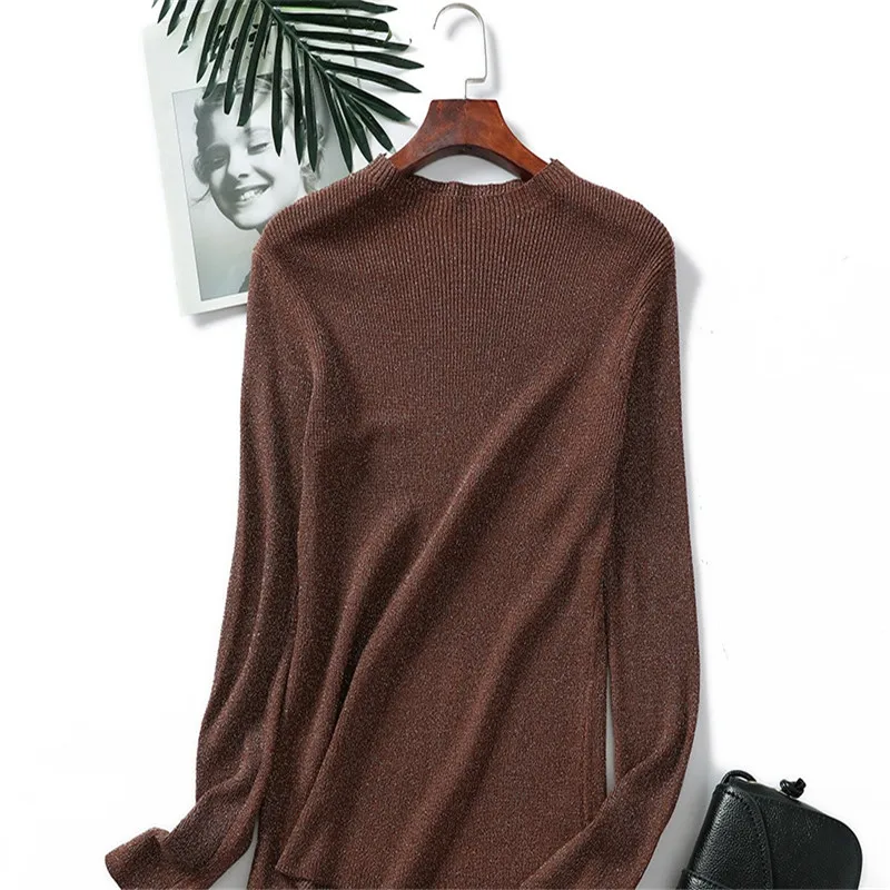 Knitted Women Sweater Solid Pullover Sexy Gold Silver New Round Neck Long Sleeve Autumn Winter Female Casual | Женская одежда