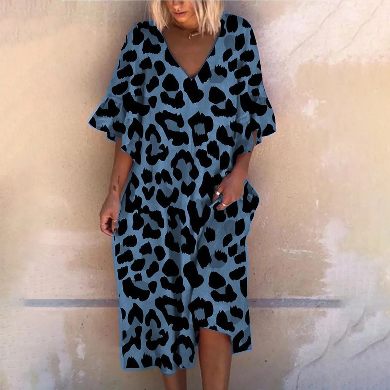 Женское леопардовое платье с коротким рукавом и V образным вырезом|Женские