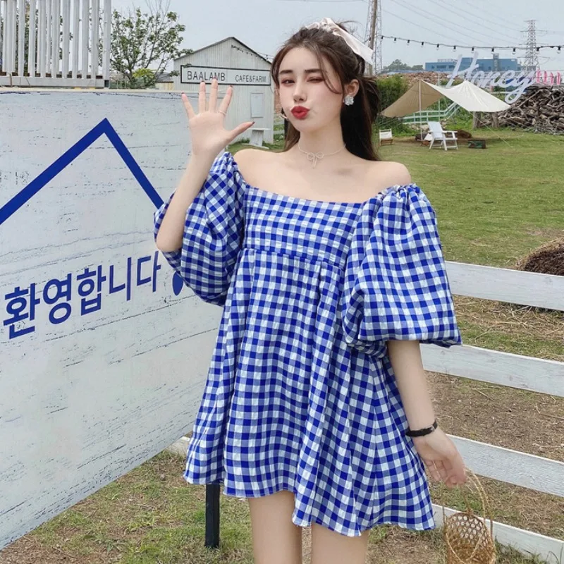 

Small Platycodon Grandiflorum Style Plaid Dress Women's Summer French Style Temperament Square Collar Loose Figure Flattering