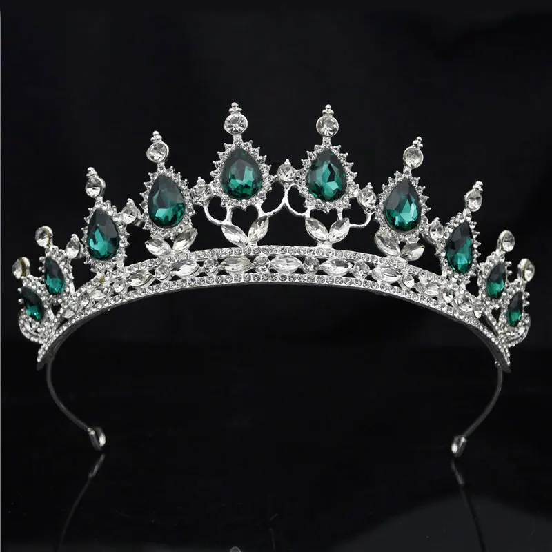 Silver Green Винтажная диадема в стиле барокко с золотыми кристаллами, корона для королевской диадемы, свадебная корона, диадемы, ободки для невесты, свадебные украшения для волос, аксессуары - Окраска металла: Silver Green