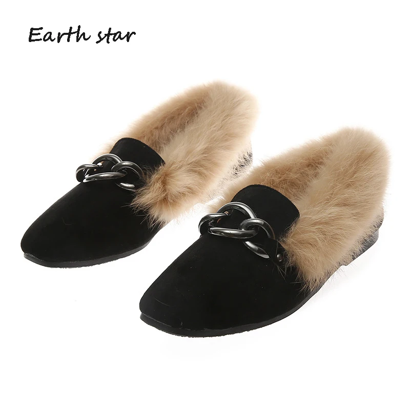 2019 осень и зима Новый стиль кроличьем меху на плоской подошве Обувь с высоким