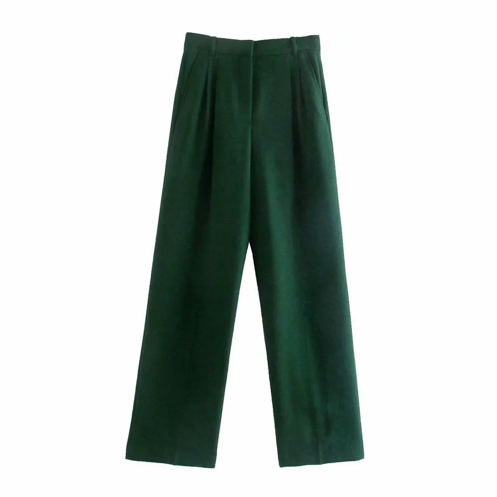 

ZA Europe and the United States 2021 spring and autumn new green long mid-waist wide-leg casual straight long pants
