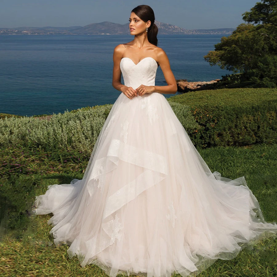Robe de mariee Милая декольте кружева аппликация A Line свадебное платье слой Тюль суд