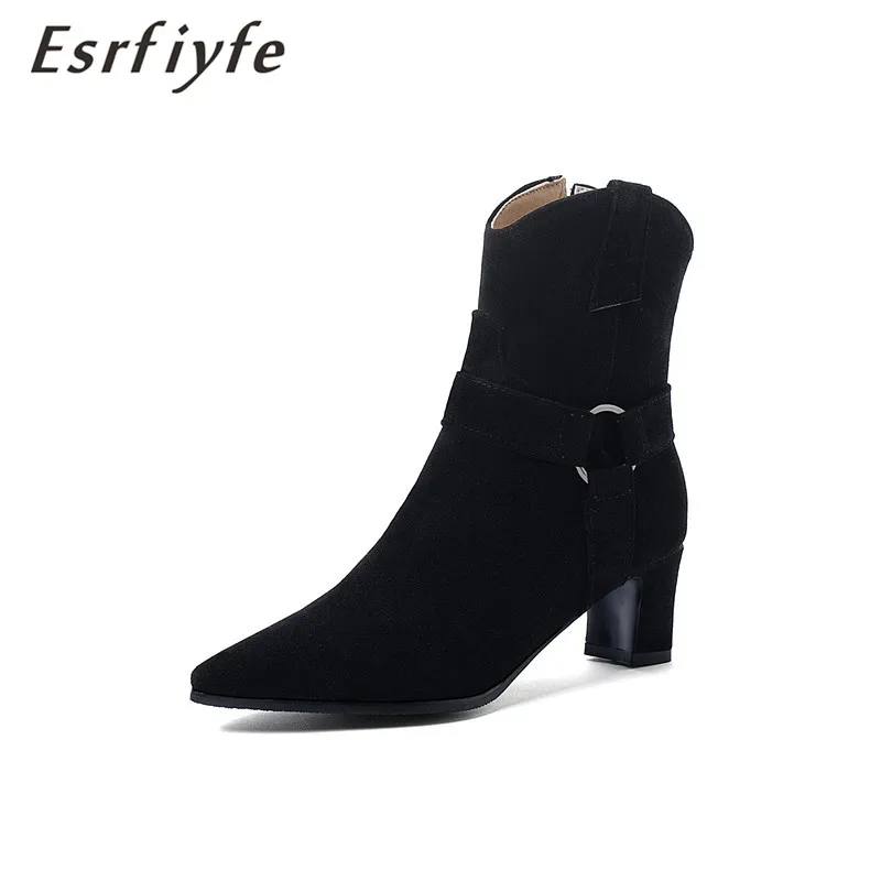 

ESRFIYFE 2021 новые женские флокированные ботильоны женская обувь бежевого цвета на свадьбу, с бантом, модные женские осенне-зимняя обувь на высо...