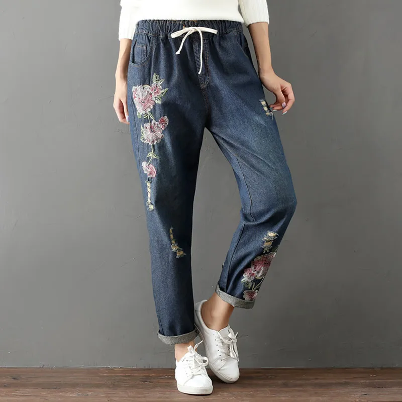 Винтажные женские джинсы с цветочной вышивкой 2020 весна осень эластичный пояс