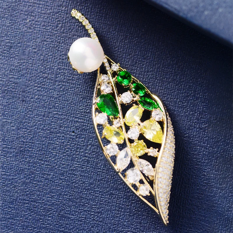 

Женская Брошь в виде листьев, металлическая брошь с фианитом AAA