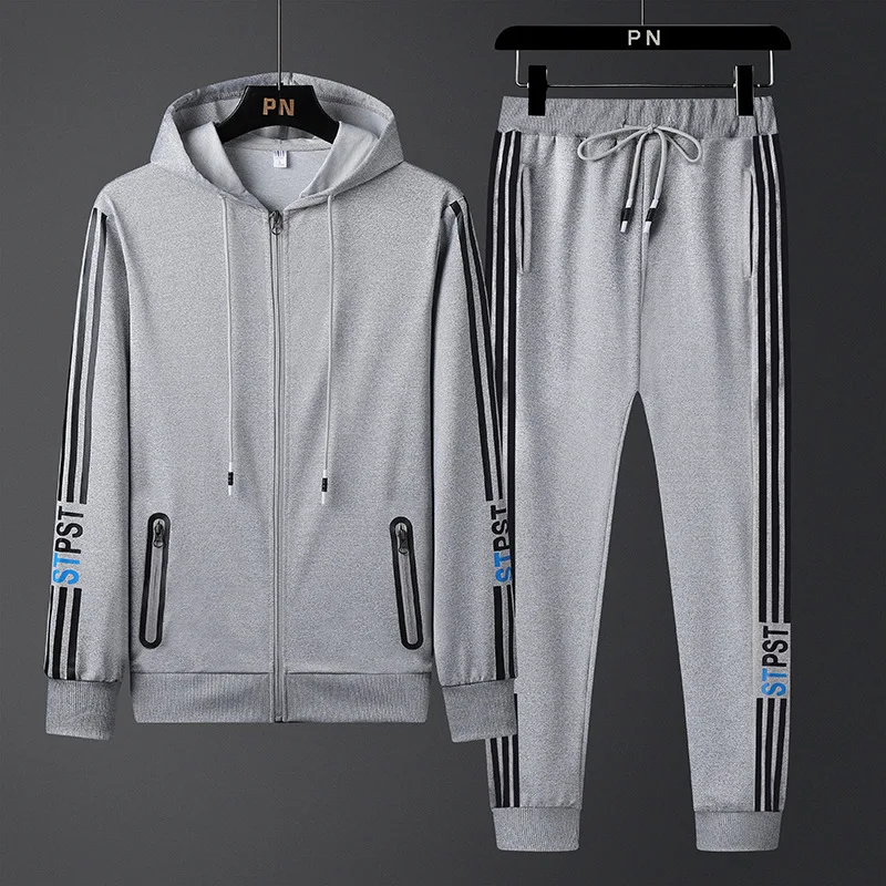 

2021 Brand Men Solid Grey Color Casual Sets Autumn New Men's Hoodies + Pants Two-Piece Tracksuit Trendy Sportswear Set Male
