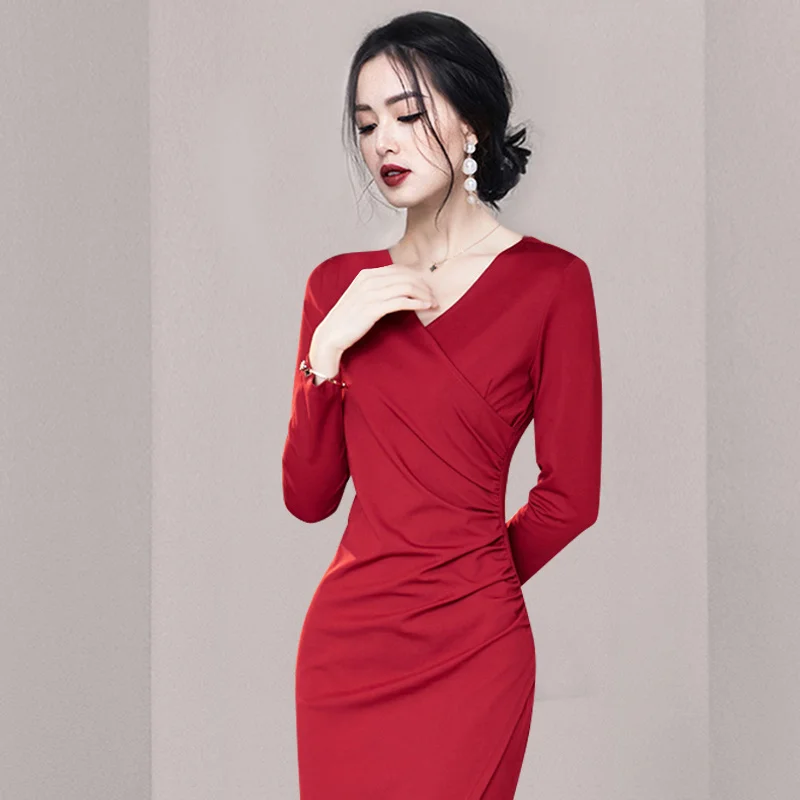 Женское платье-макси с длинным рукавом и V-образным вырезом | Женская одежда