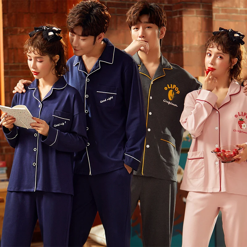 

2021 Autumn Long Sleeve Couple Cotton Pajama Sets for Women Outfits Sleepwear Suit Pyjama Pijama Mujer Homewear Men Home Clothes