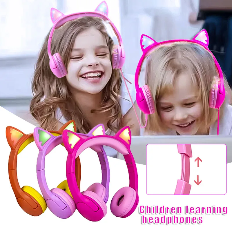 

Children's Headphone Earphones Portable Color Glowing Cute Cat Ear Headset Headphones Stretchable and Adjustable Earphone