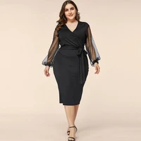 doib black plus size dress women mesh patchwork cross v neck large size dress 2020 office lady vintage sashes dress