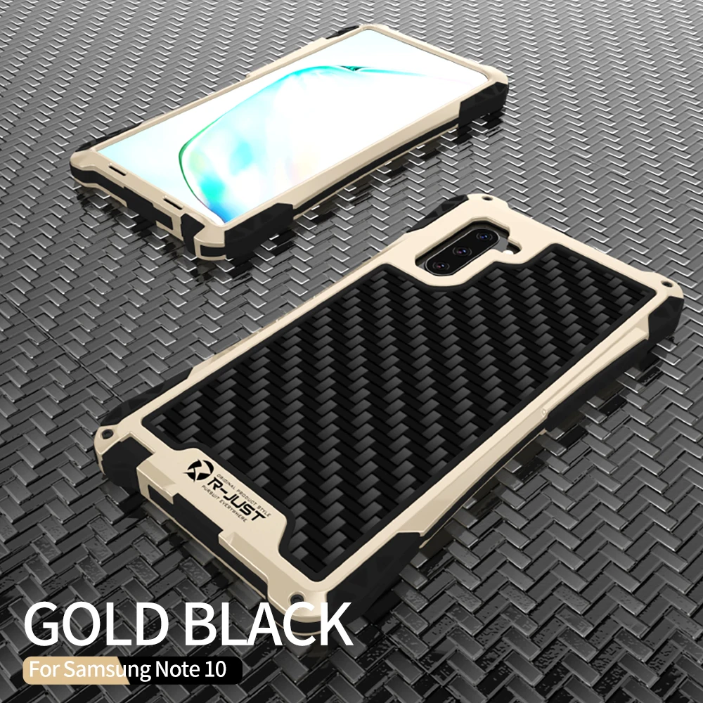 Gold Black R-JUST чехол для samsung Galaxy Note 10 Plus, Алюминиевый противоударный чехол из углеродного волокна для samsung Note 10 Plus S10 Shell - Цвет: Gold Black